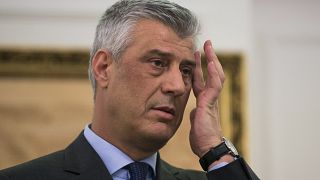 In this Monday, Jan. 21, 2019 file photo, Kosovo president Hashim Thaci gestures during a press conference in Kosovo capital Pristina.