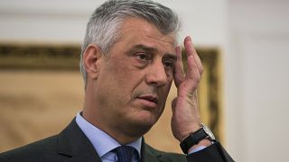 In this Monday, Jan. 21, 2019 file photo, Kosovo president Hashim Thaci gestures during a press conference in Kosovo capital Pristina. 