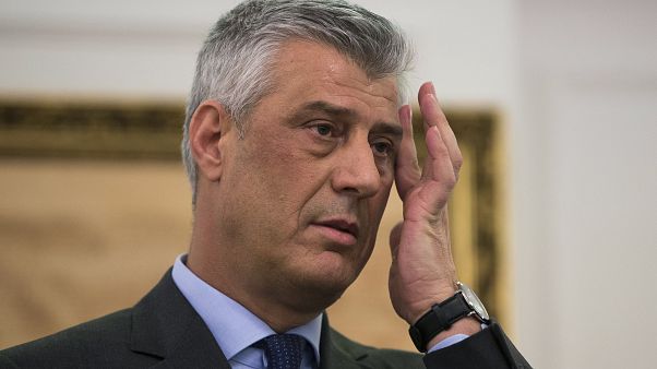 In this Monday, Jan. 21, 2019 file photo, Kosovo president Hashim Thaci gestures during a press conference in Kosovo capital Pristina. In this Monday, Jan. 21, 2019 file photo, Kosovo president Hashim Thaci gestures during a press conference in Kosovo capital Pristina.