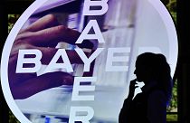 The Bayer AG logo at the Financial News Conference in Leverkusen, Germany. Feb. 27, 2020. 