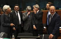ECB President Christine Lagarde (L) with euro zone finance ministers during a January 2020 Eurogroup meeting.