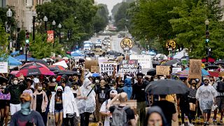 ABD'nin başkenti Washington'da Beyaz Saray'a yakın mesafede maskeleriyle gösteri düzenleyen eylemciler