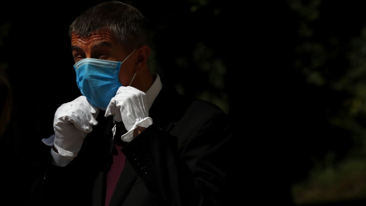 Czech Republic's Prime Minister Andrej Babis adjusts his face mask as he waits for the arrival of his Slovak counterpart Igor Matovic in Prague, Czech Republic, June 3, 2020