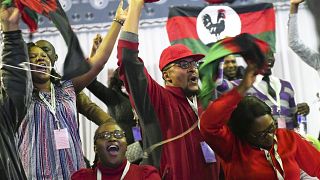 Malawi Congress Party supporters celebrate after party leader Lazarus Chakwera was announced the winner of Tuesday's election rerun in Blantyre, Malawi, Saturday, June 27.