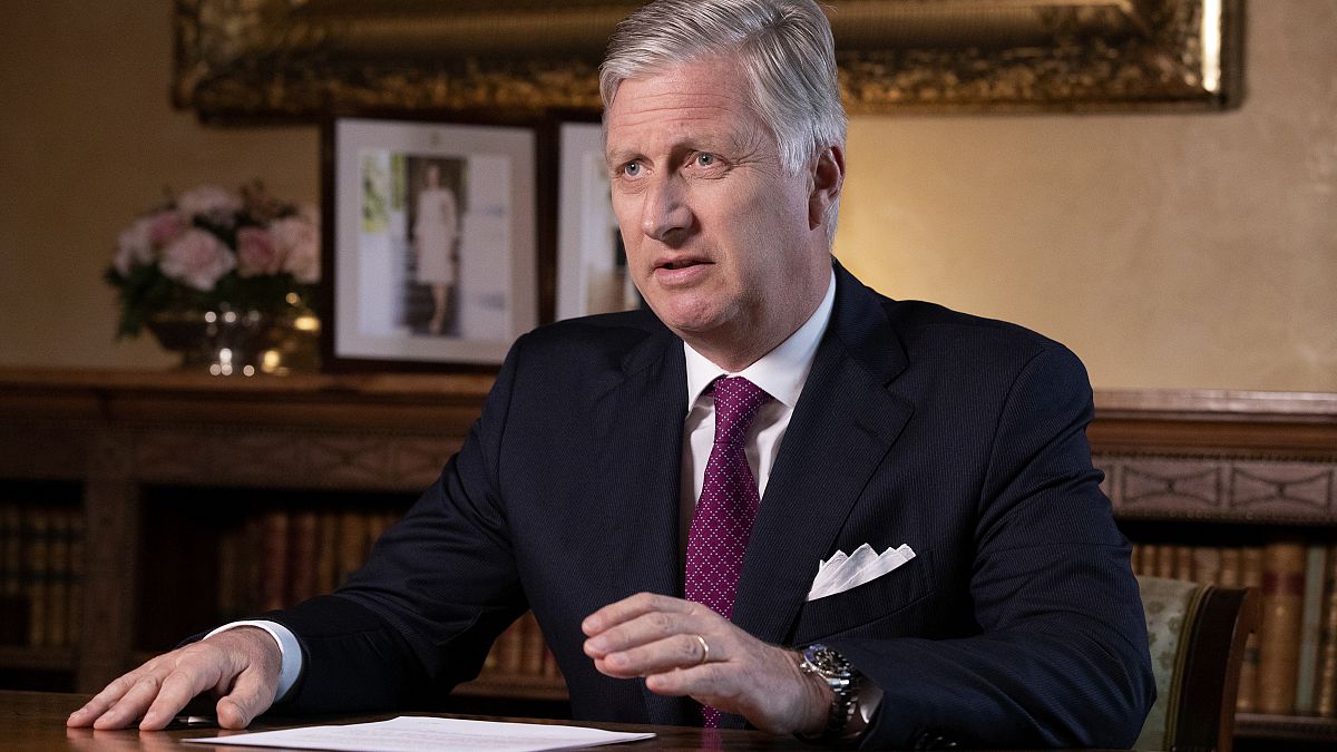 Belgium's King Philippe addresses the nation regarding the coronavirus in a televised broadcast at the Royal Palace in Brussels, Monday, March 16, 2020.