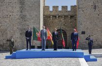(L-R) Spain's Prime Minister Pedro Sanchez, Spain's King Felipe VI, Portugal's President Marcelo Rebelo de Sousa and Portugal's Prime Minister Antonio Costa, in Elvas, 1/7/20.