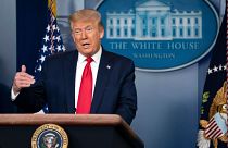 President Donald Trump speaks during a news briefing at the White House