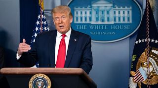 President Donald Trump speaks during a news briefing at the White House