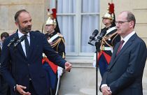 Former French Prime Minister Edouard Philippe (L) and newly-appointed Prime Minister Jean Castex during the handover ceremony, at the Matignon Hotel in Paris, July 3, 2020.