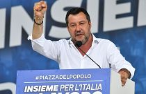 League's leader Matteo Salvini addresses the crowd in Rome's Piazza del Popolo on July 4, 2020