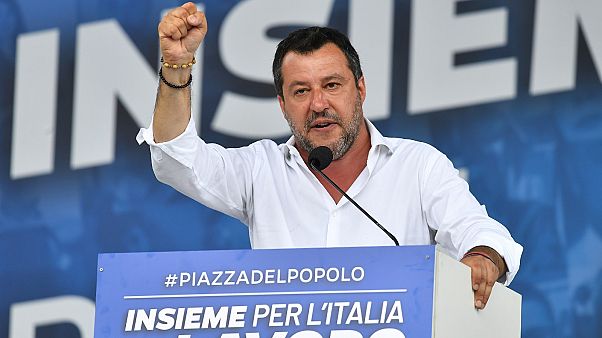 League's leader Matteo Salvini addresses the crowd in Rome's Piazza del Popolo on July 4, 2020 League's leader Matteo Salvini addresses the crowd in Rome's Piazza del Popolo on July 4, 2020