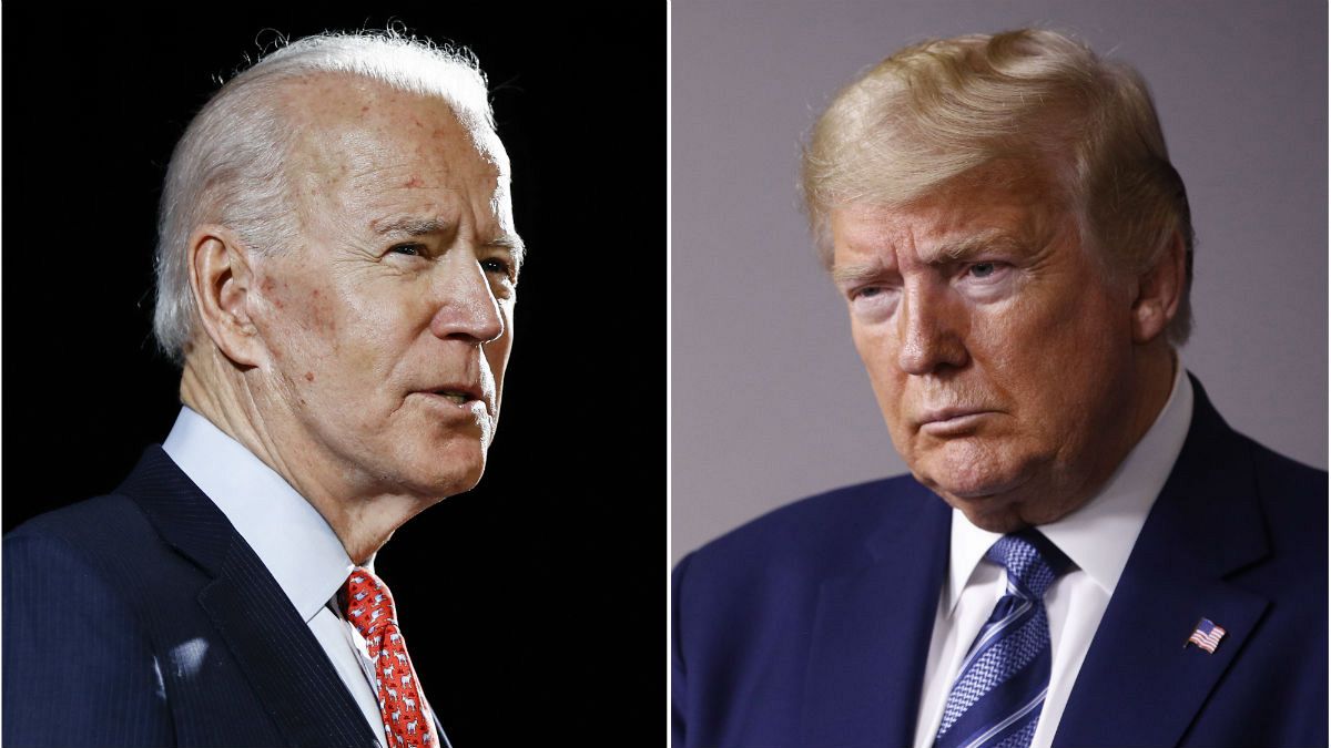 Former Vice President Joe Biden speaks in Wilmington, Del., on March 12, 2020, left, and President Donald Trump speaks at the White House in Washington on April 5, 2020