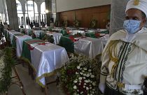 The fighters' coffins at the Palais De La Culture Moufdi Zakaria in Algiers on July 4, 2020