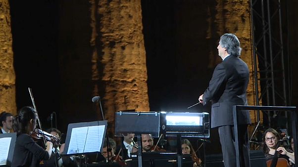 Musicians from the Syrian diaspora in Europe perform in a concert conducted by Riccardo Muti in Paestum, southern Italy, July 5, 2020 Musicians from the Syrian diaspora in Europe perform in a concert conducted by Riccardo Muti in Paestum, southern Italy, July 5, 2020