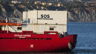 The Ocean Viking rescue ship arrives at Porto Empedocle harbor, southern Italy, Monday, July 6, 2020.