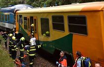 Emergency services at the scene after the two trains collided near the village of Pernink, Czech Republic.