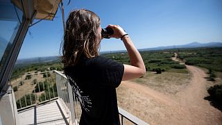 Camille Mollier, étudiante, observe les environs avec des jumelles depuis la vigie de l'Arbois près d'Aix-en-Provence dans le sud de la France, le 7 juillet 2020
