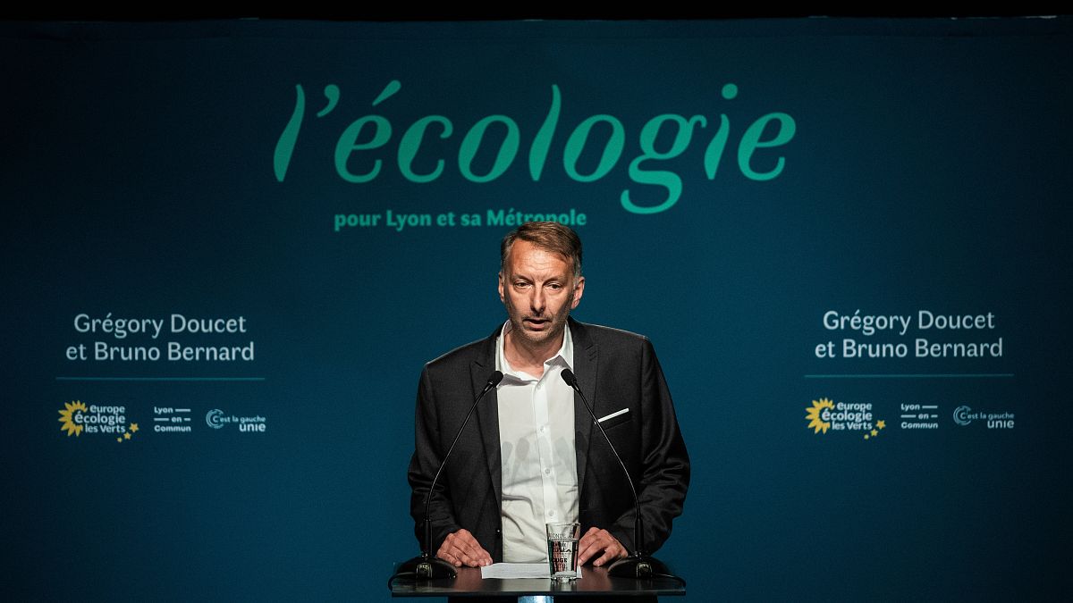 French EELV (Europe Ecologie Les Verts) green party candidate for Lyon metropole Bruno Bernard speaks on June 28, 2020 in Lyon.