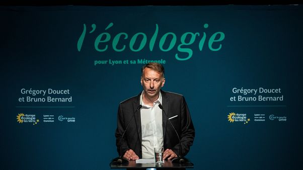 French EELV (Europe Ecologie Les Verts) green party candidate for Lyon metropole Bruno Bernard speaks on June 28, 2020 in Lyon. French EELV (Europe Ecologie Les Verts) green party candidate for Lyon metropole Bruno Bernard speaks on June 28, 2020 in Lyon.