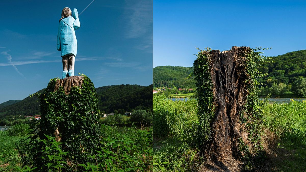 Esta combinación de imágenes creadas el 7 de julio de 2020 muestra (Izquierda) una foto de archivo tomada en julio de 2019 de lo que el artista conceptual Ales 'Maxi' Zupevc.