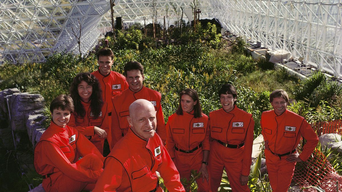 The 'biospherians' in their bright red jumpsuits.