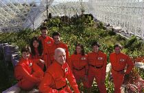 The 'biospherians' in their bright red jumpsuits.