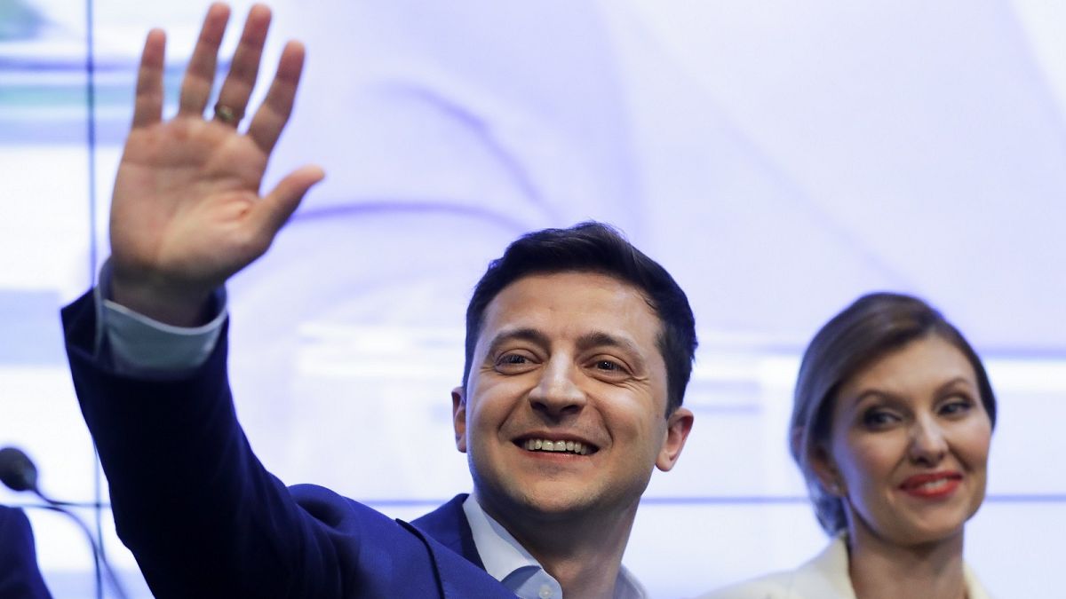 Volodymyr Zelenskiy and his wife Olena after securing victory in the presidential election in 2019