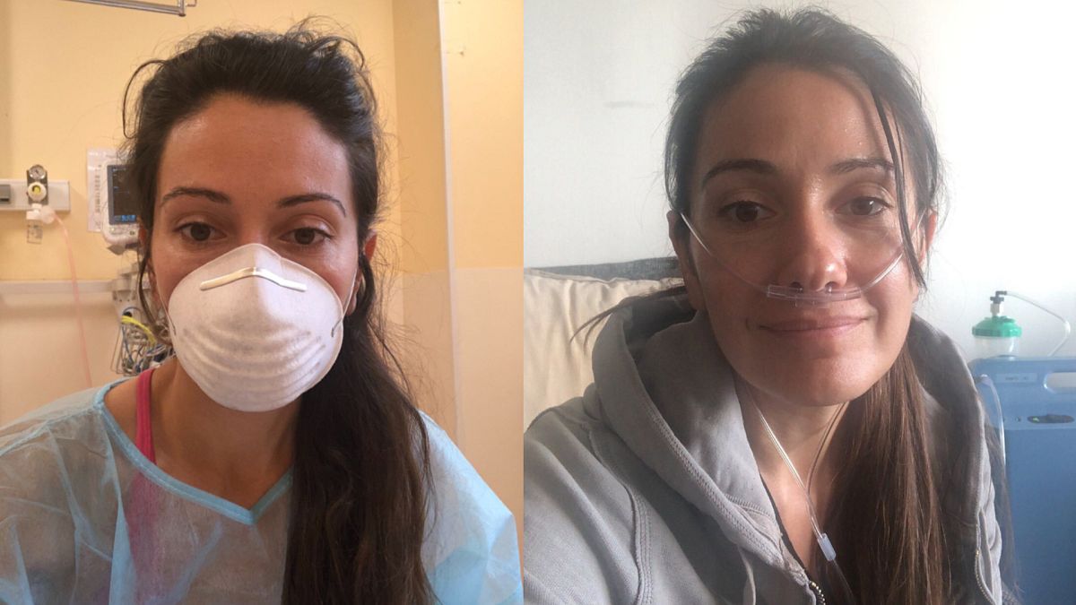 Geneviève waits for her scan results in April (L); she starts her oxygen treatment in June (R).