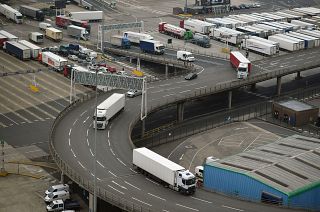 Freight lorries prepare to leave the Port of Dover after disembarking from a cross-channel ferry, in Dover on the south coast of England on June 12, 2020.
