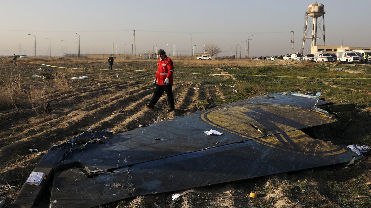 A rescue worker sifts through the wreckage of a Ukrainian plane shotdown in Tehran