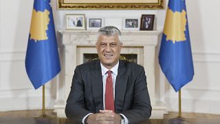 Kosovo president Hashim Thaci speaks during a televised address to the nation, in Pristina, Kosovo, Monday, June 29, 2020