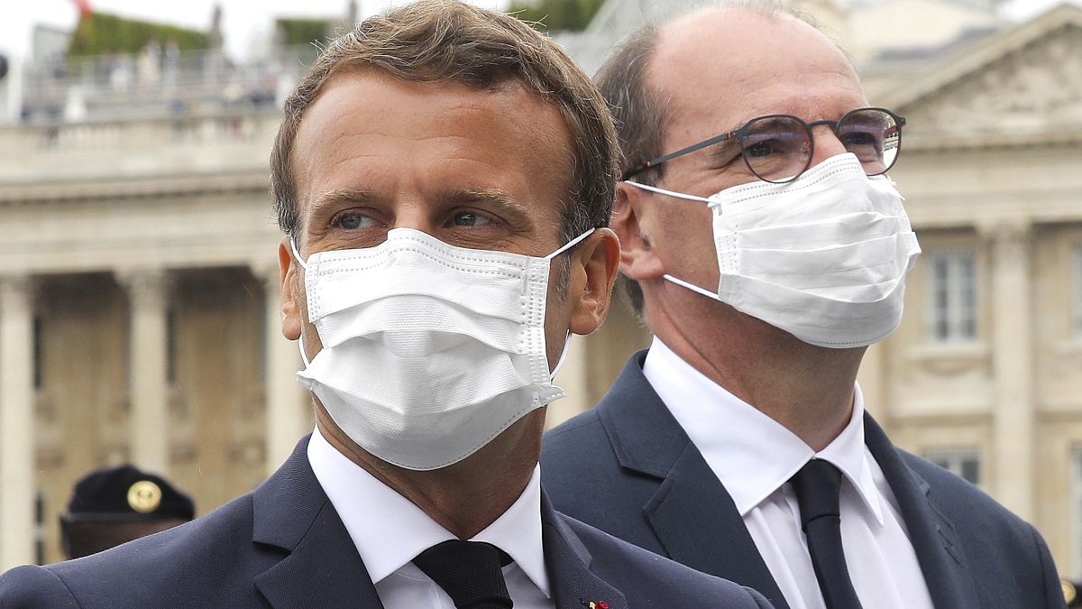 File: France's President Emmanuel Macron, left, and France's Prime Minister Jean Castex, wear face mask, at the end of the Bastille Day military parade, Paris. July 14, 2020.