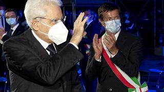 Italian President Sergio Mattarella (L) attends a ceremony for the COVID-19 victims in Bergamo, June 28, 2020