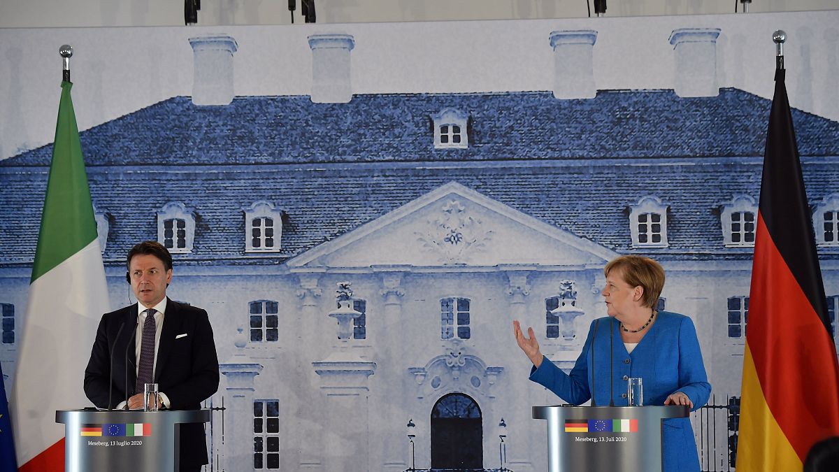 German Chancellor Angela Merkel and Italian Prime Minister Giuseppe Conte attend a press conference outside Berlin on July 13, 2020.