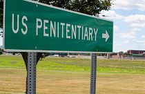 The road sign for the entrance to the federal prison in Terre Haute, Ind., where Daniel Lewis Lee, a convicted killer, was scheduled to be executed at 4pm. July 13, 2020.