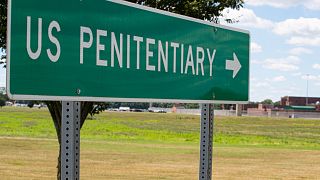 The road sign for the entrance to the federal prison in Terre Haute, Ind., where Daniel Lewis Lee, a convicted killer, was scheduled to be executed at 4pm. July 13, 2020.