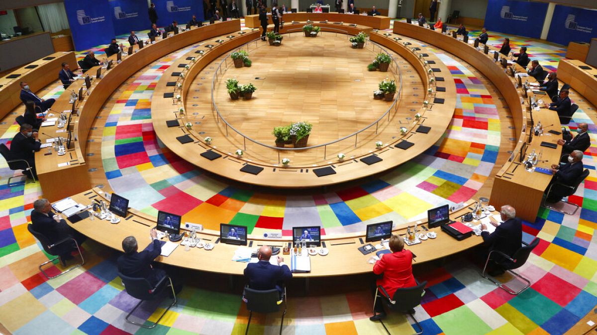 European Union leaders during a round table meeting at an EU summit in Brussels, July 2020.