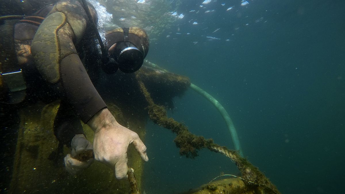 A diver pulls a shipwreck's rope during a raising operation, on Salamina island, west of Athens, on Wednesday, Feb. 13, 2020.
