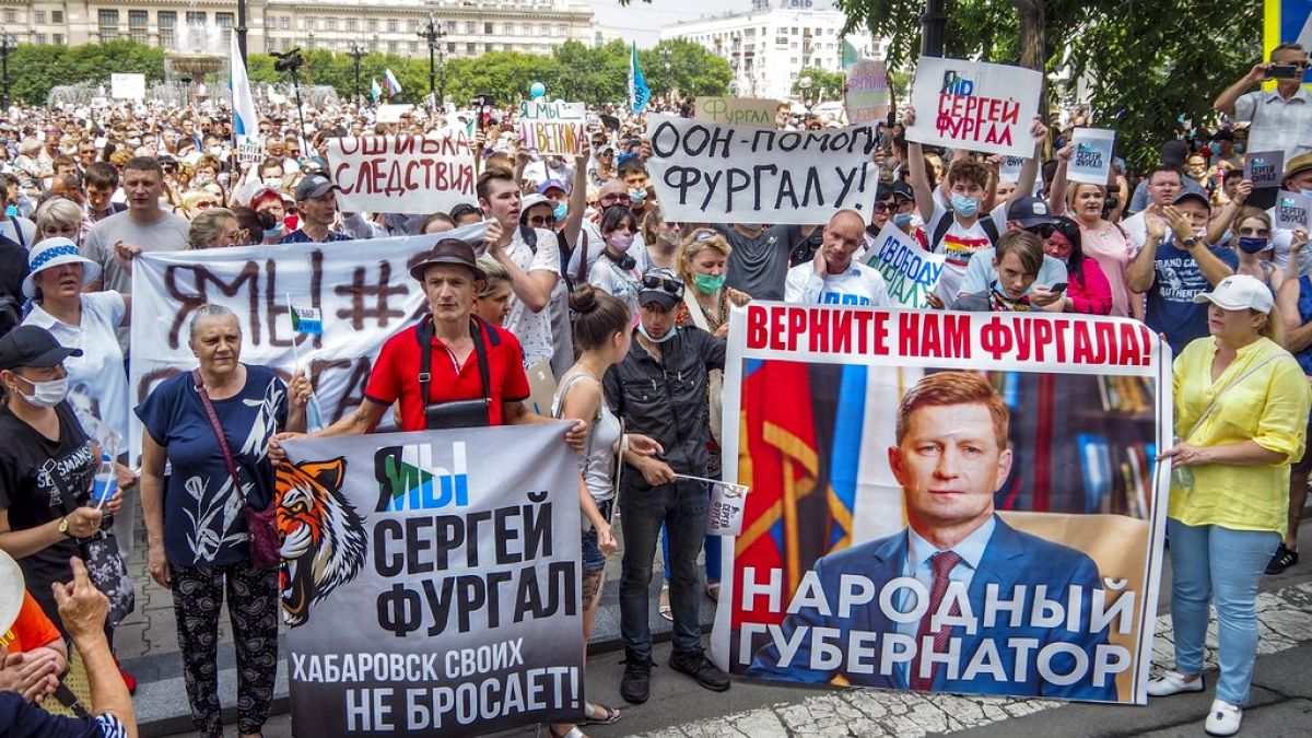 Protest in support of Sergei Furgal, the governor of the Khabarovsk region, in Khabarovsk, 6100 kilometers (3800 miles) east of Moscow, Russia, Saturday, July 18, 2020