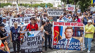 Protest in support of Sergei Furgal, the governor of the Khabarovsk region, in Khabarovsk, 6100 kilometers (3800 miles) east of Moscow, Russia, Saturday, July 18, 2020