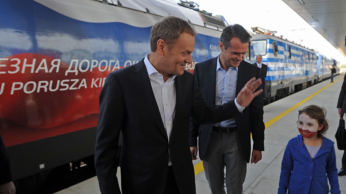 Polish Prime Minister Donald Tusk and Transport Minister Slawomir Nowak at a train station in Warsaw, Poland, May 19, 2012.