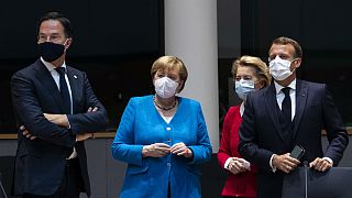 From left, Dutch Prime Minister Mark Rutte, German Chancellor Angela Merkel, European Commission President Ursula von der Leyen and French President Emmanuel Macron during a m