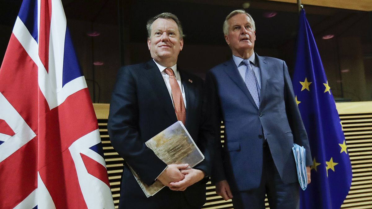 EU chief Brexit negotiator Michel Barnier, right, and David Frost, Europe adviser to the UK Prime Minister, in Brussels on July 9, 2020. 