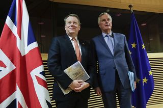 EU chief Brexit negotiator Michel Barnier, right, and David Frost, Europe adviser to the UK Prime Minister, in Brussels on July 9, 2020.