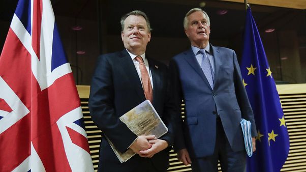 EU chief Brexit negotiator Michel Barnier, right, and David Frost, Europe adviser to the UK Prime Minister, in Brussels on July 9, 2020. EU chief Brexit negotiator Michel Barnier, right, and David Frost, Europe adviser to the UK Prime Minister, in Brussels on July 9, 2020.