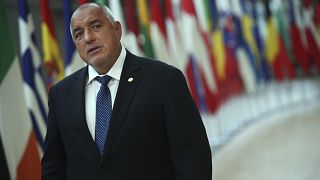 Bulgaria's Prime Minister Boyko Borissov makes a statement on arrival for an EU summit in Brussels, Monday, July 20, 2020. 