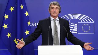 European Parliament President David Sassoli talks during a news conference following the recovery financial plan deal at the EU leaders summit, at the European Parliament.