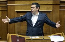 The President of left-wing Syriza party Alexis Tsipras speaks during a parliament session in Athens.