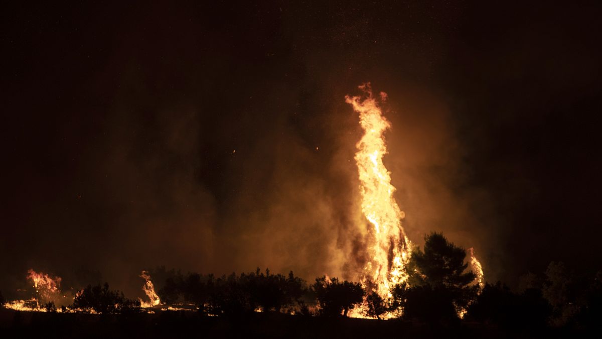Fire burns near the village of Galataki as authorities evacuate the place near Corinth, Greece
