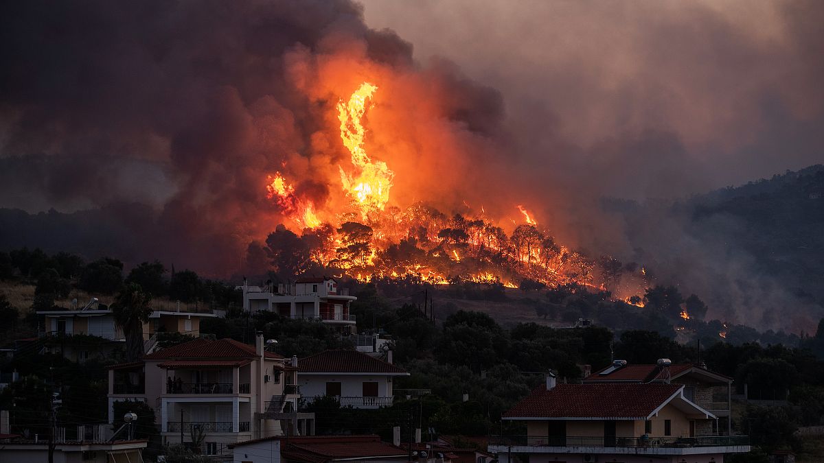 Fire burns near the village of Galataki near Corinth, Greece. July 22, 2020